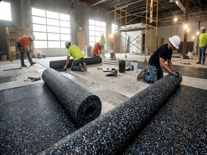 Professional installer applying adhesive to rubber rolls